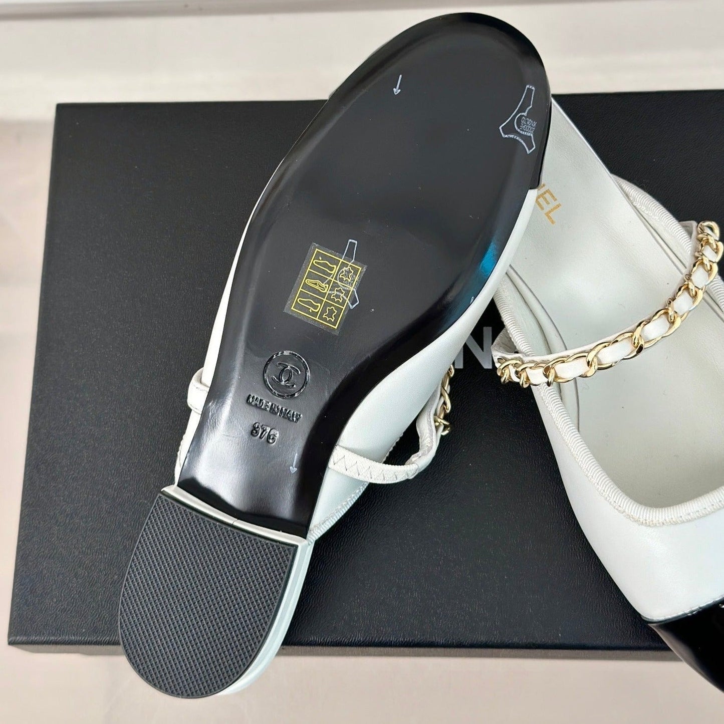 Double C Two-Tone Chain Mules White Lambskin - 35