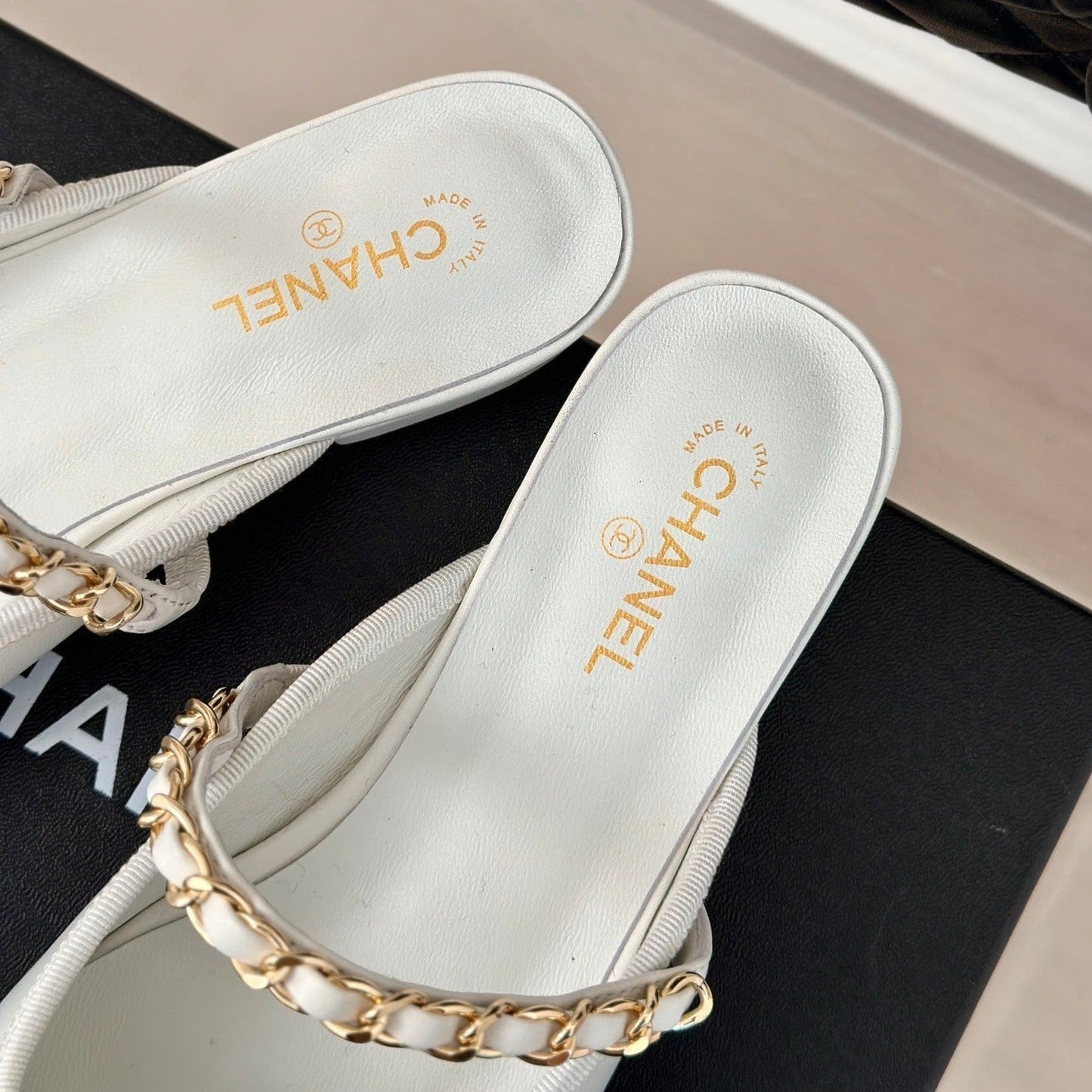 Double C Two-Tone Chain Mules White Lambskin - 35