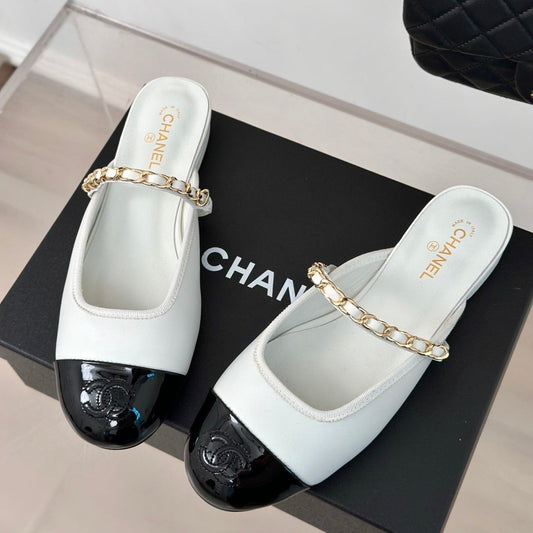 Double C Two-Tone Chain Mules White Lambskin - 35