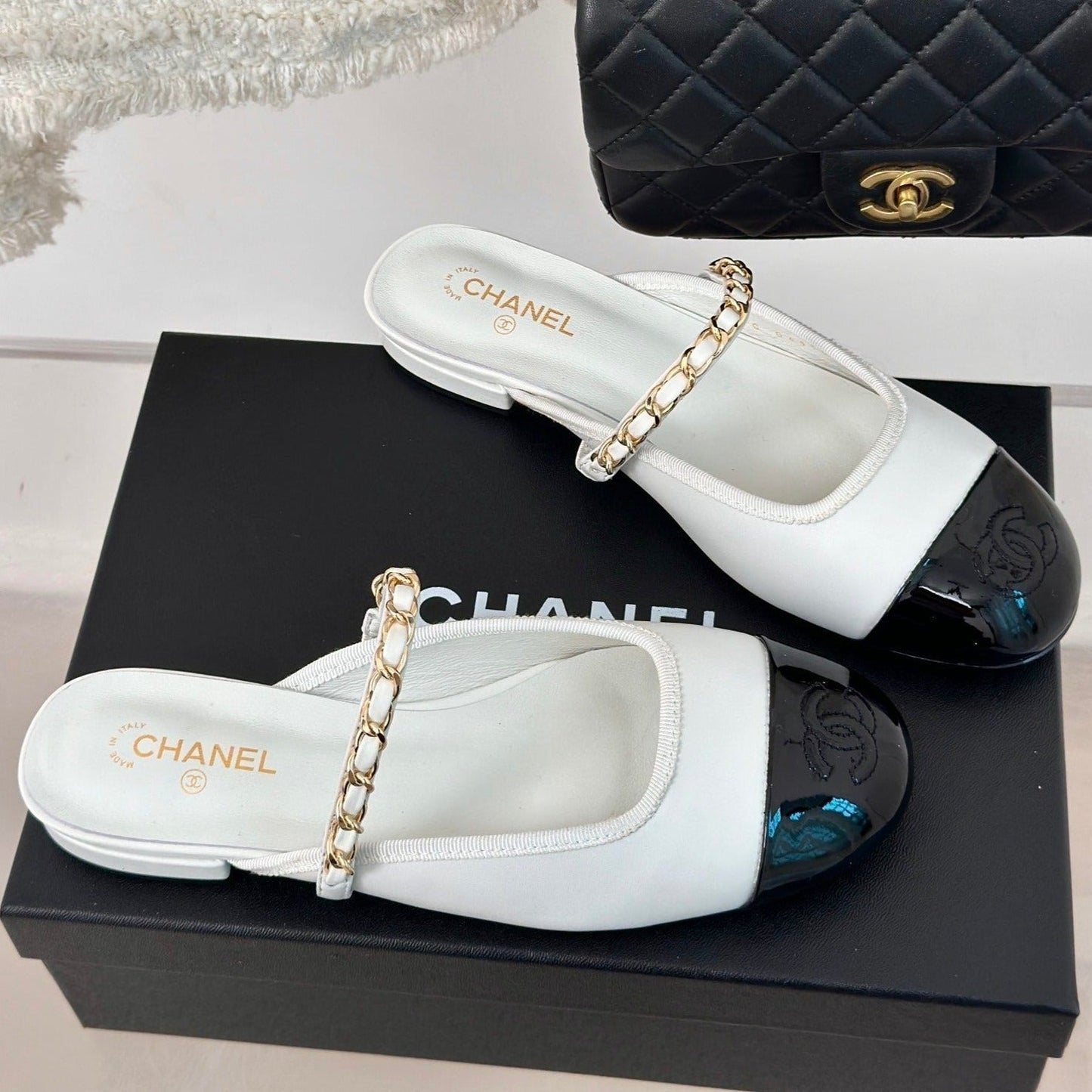 Double C Two-Tone Chain Mules White Lambskin - 35