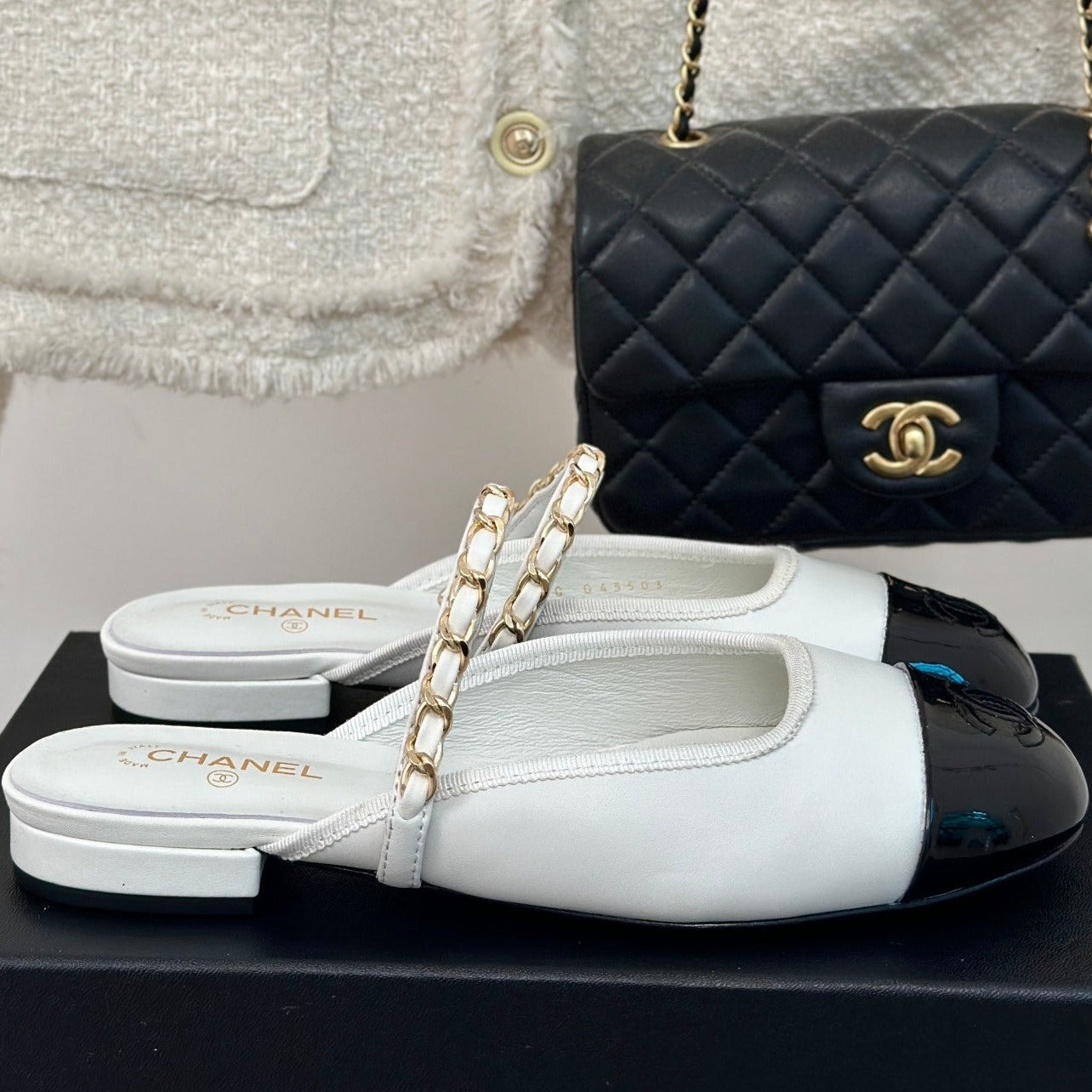 Double C Two-Tone Chain Mules White Lambskin - 35