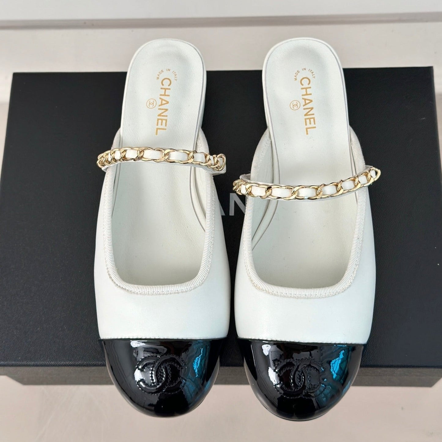 Double C Two-Tone Chain Mules White Lambskin - 35