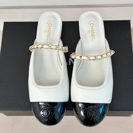 Double C Two-Tone Chain Mules White Lambskin - 35