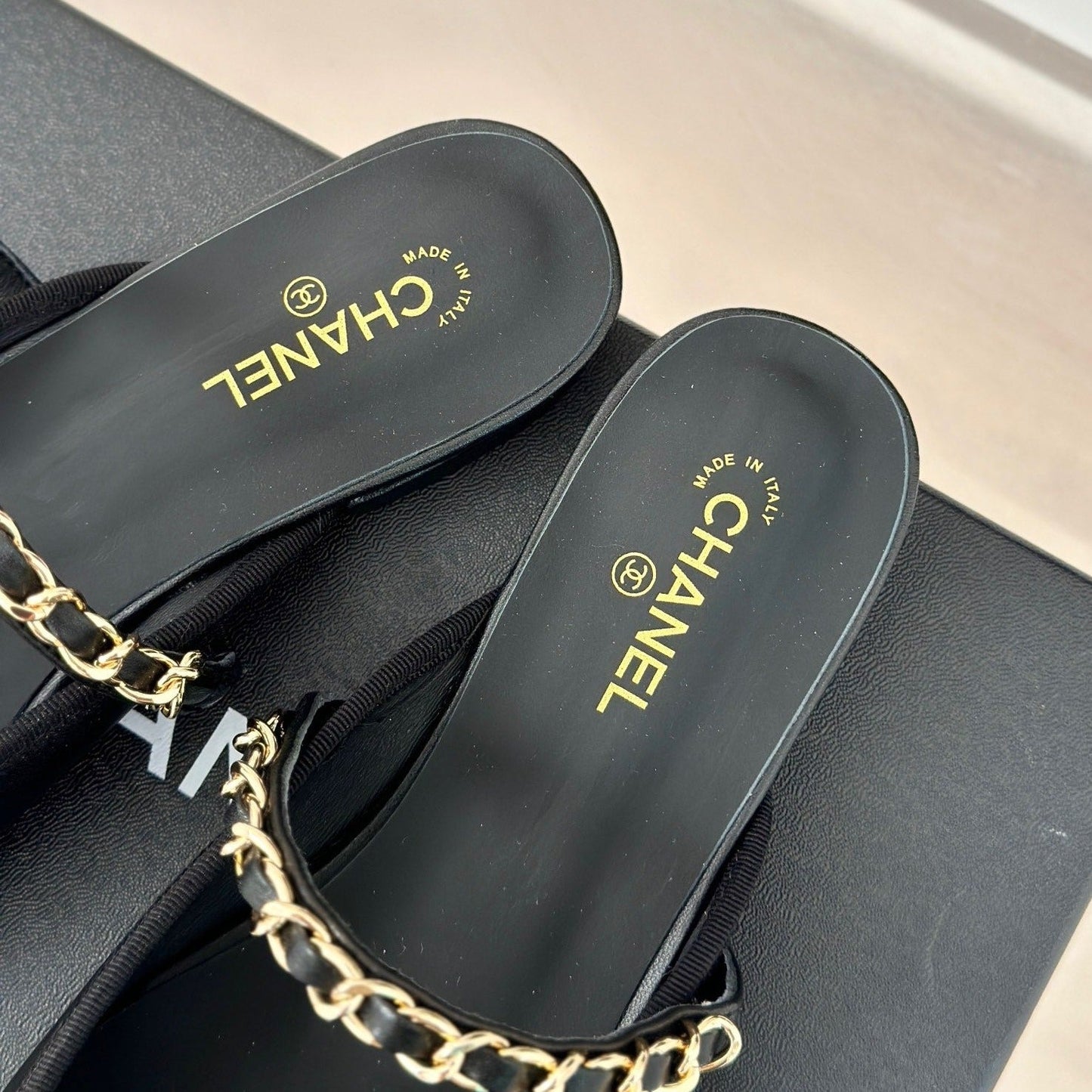 Double C Two-Tone Chain Mules Black Lambskin - 35
