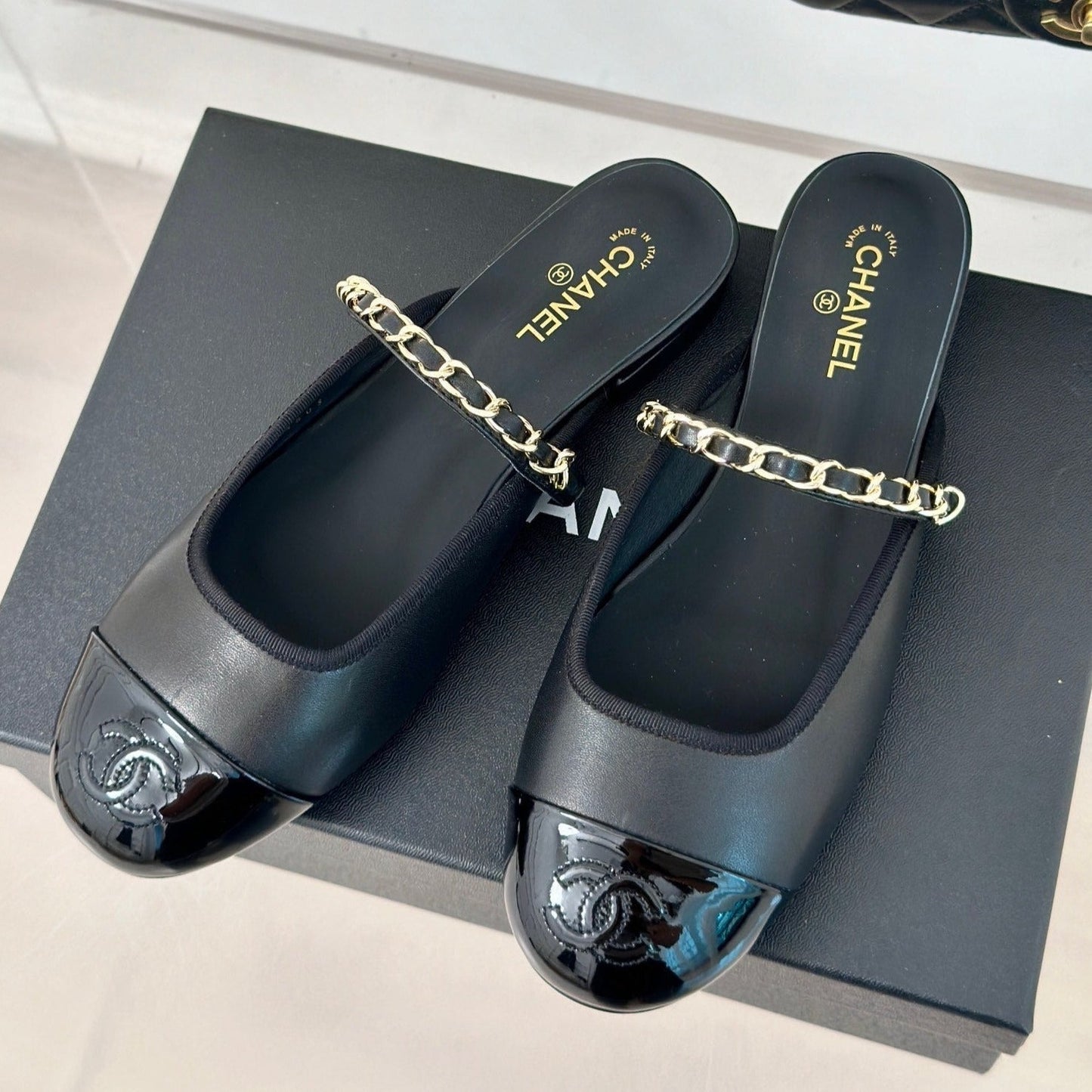 Double C Two-Tone Chain Mules Black Lambskin - 35