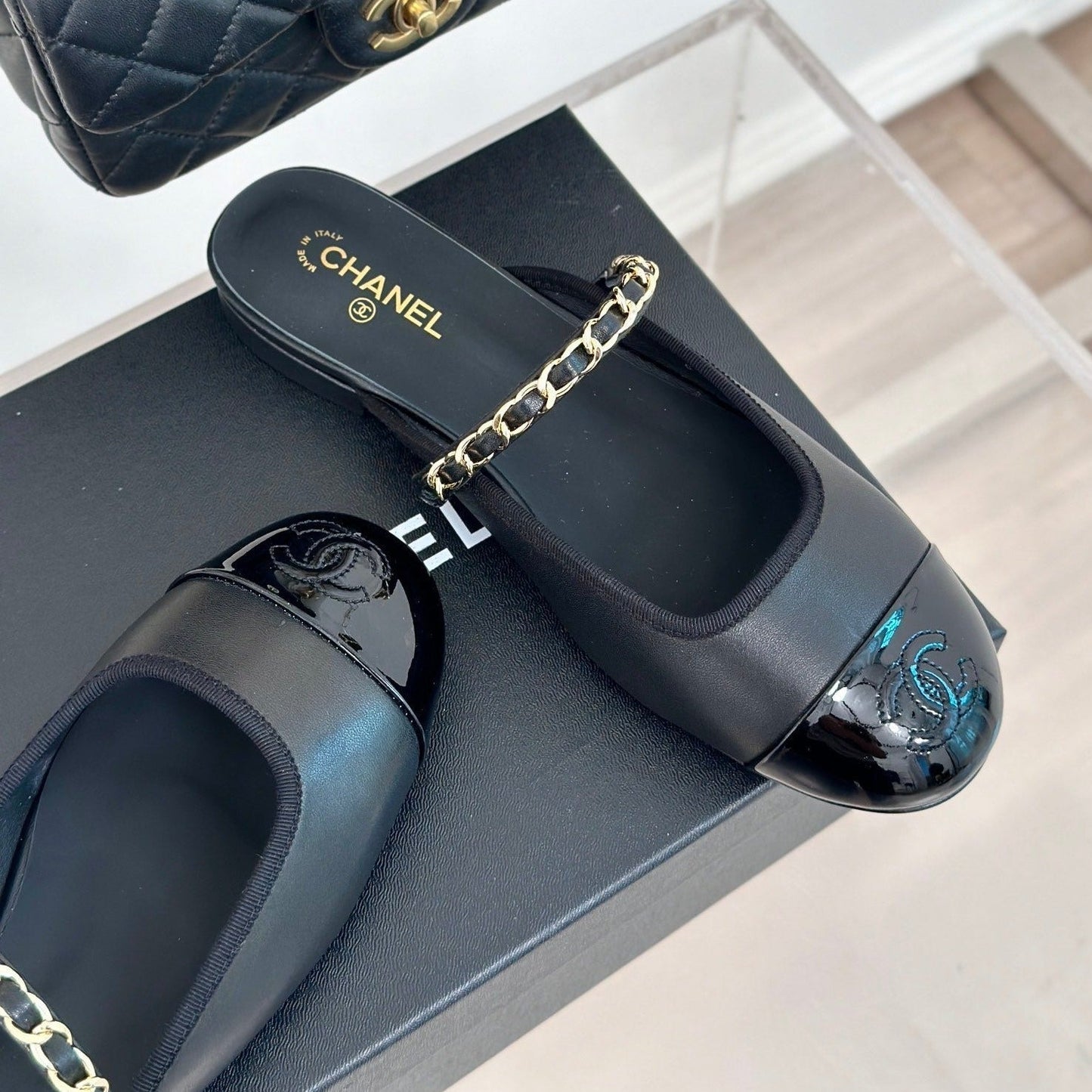 Double C Two-Tone Chain Mules Black Lambskin - 35