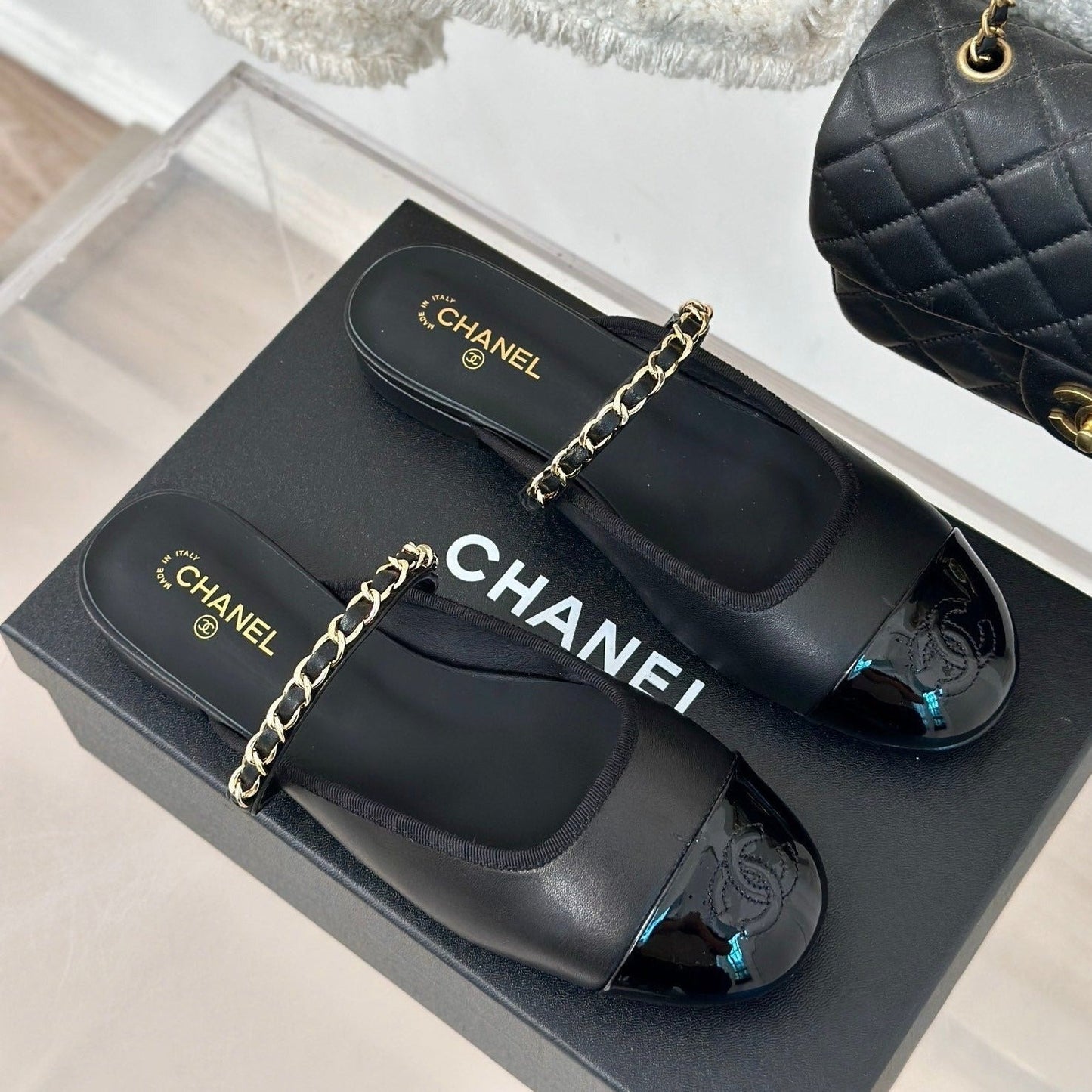 Double C Two-Tone Chain Mules Black Lambskin - 35