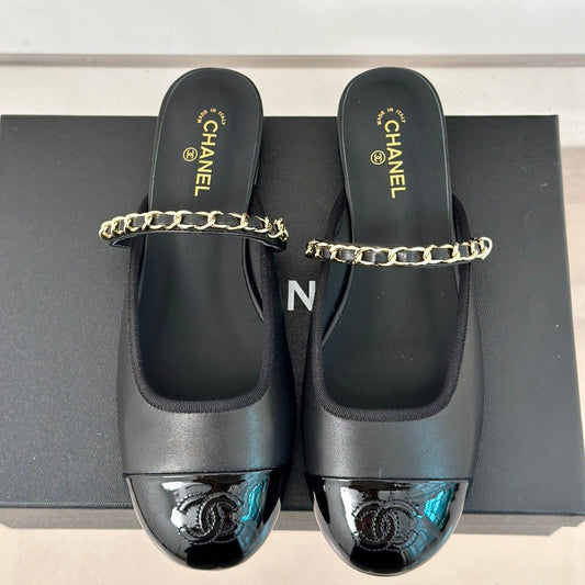Double C Two-Tone Chain Mules Black Lambskin - 35