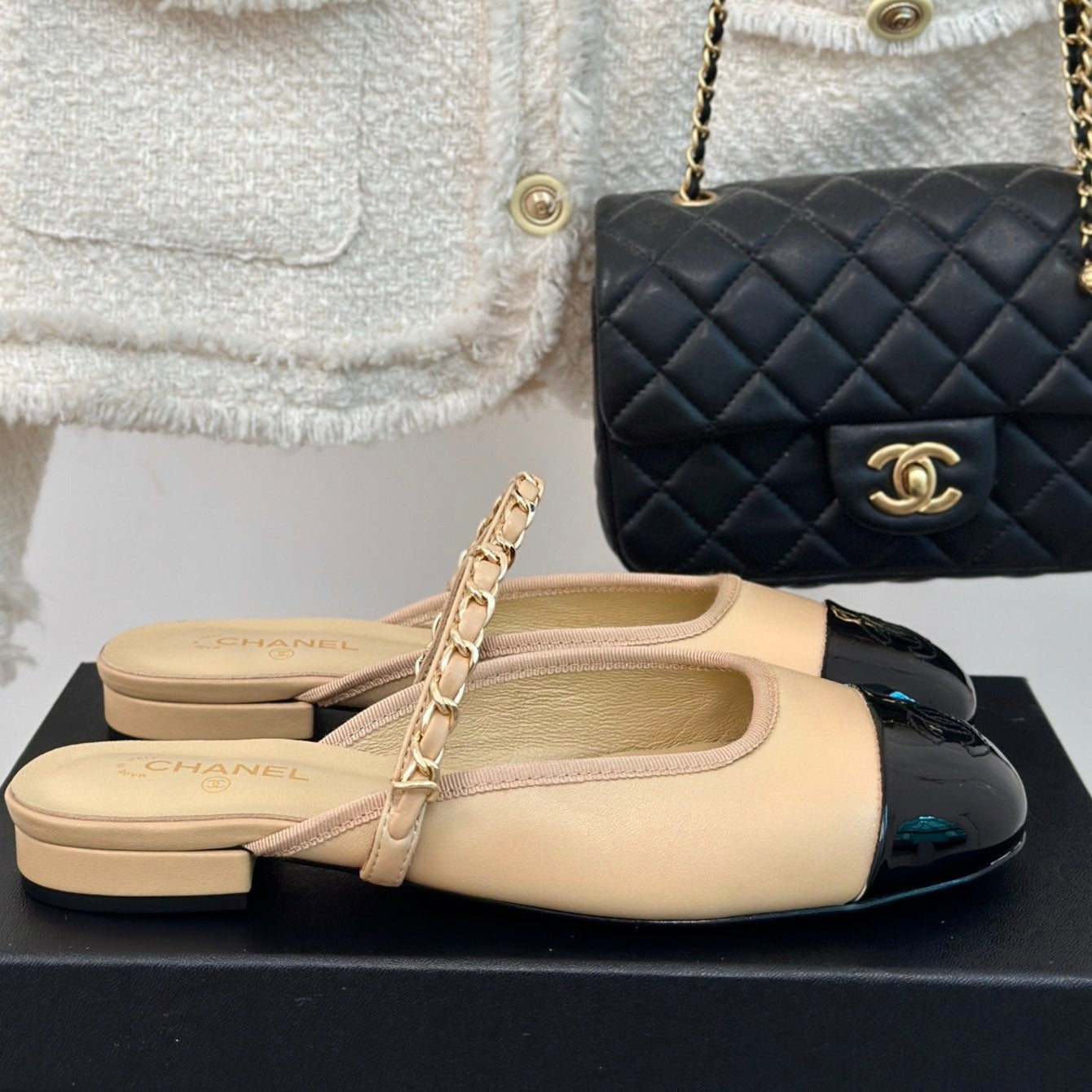 Double C Two-Tone Chain Mules Dark Cream Lambskin - 35