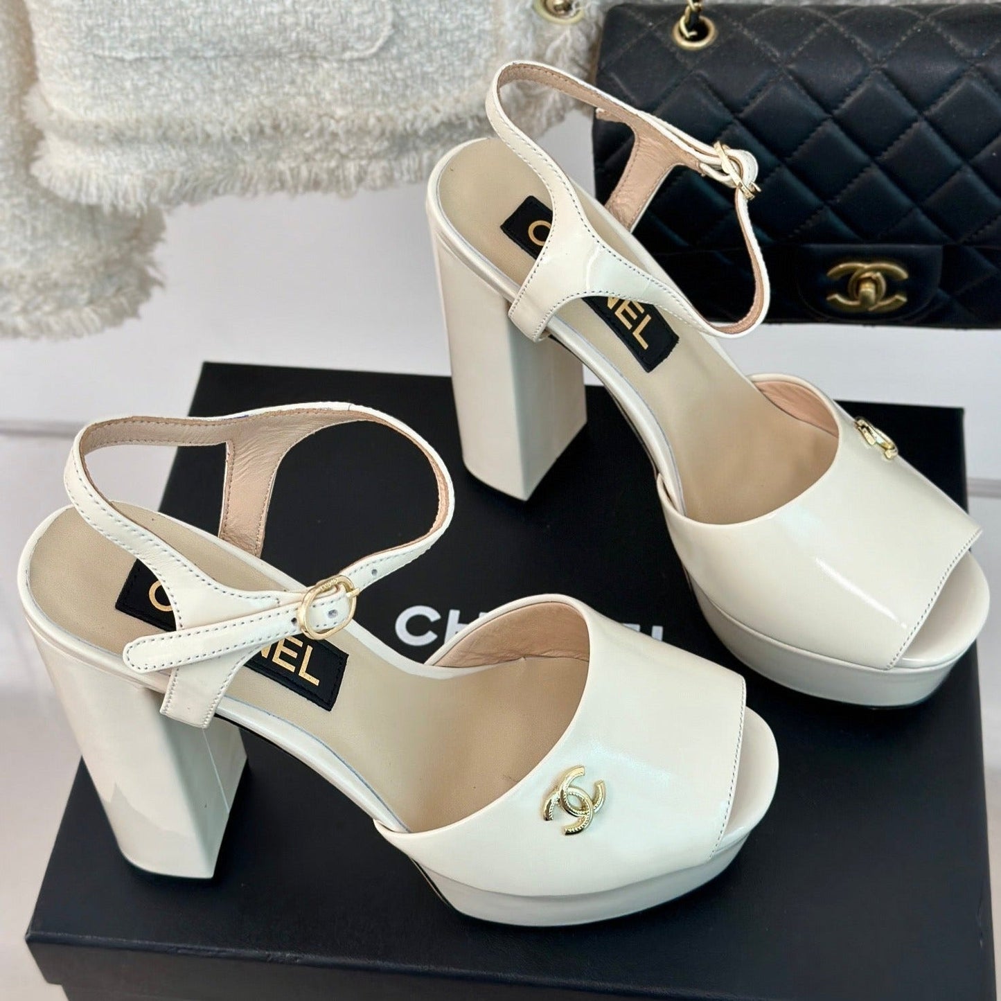 Double C High Heel Sandals Beige Cream Leather - 35