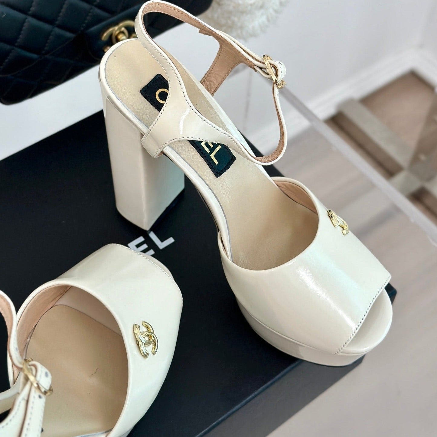 Double C High Heel Sandals Beige Cream Leather - 35