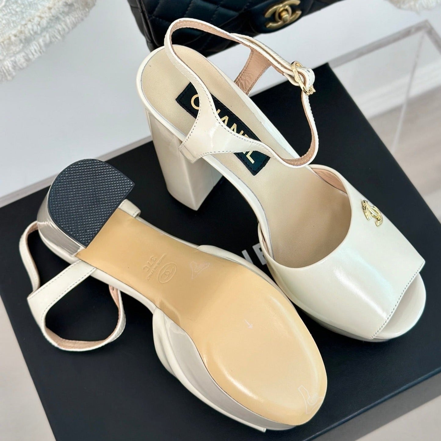 Double C High Heel Sandals Beige Cream Leather - 35
