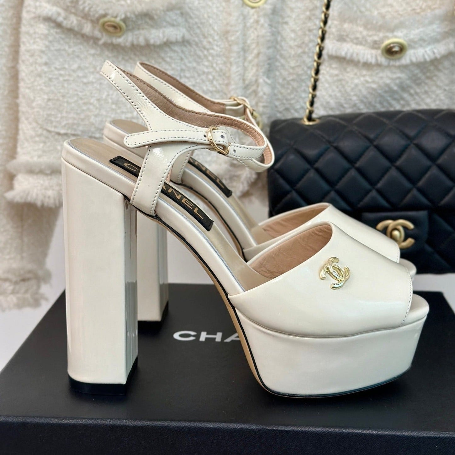 Double C High Heel Sandals Beige Cream Leather - 35
