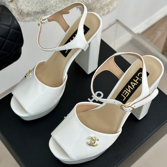 Double C High Heel Sandals White Leather - 35