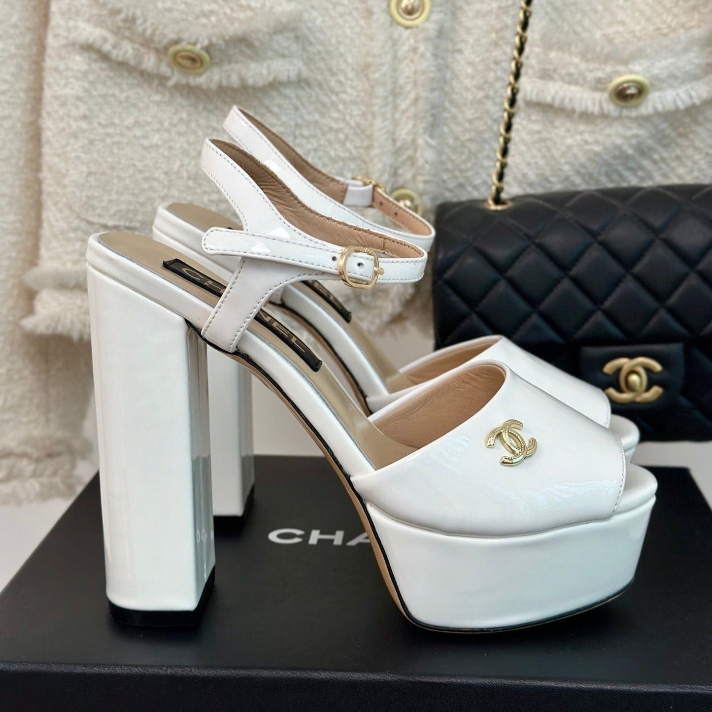 Double C High Heel Sandals White Leather - 35