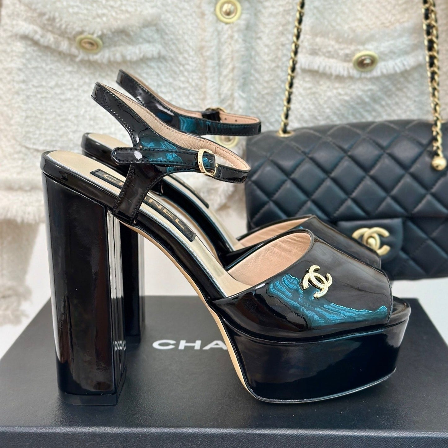 Double C High Heel Sandals Black Leather - 35
