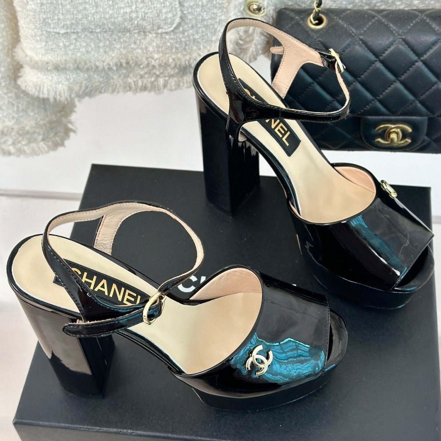 Double C High Heel Sandals Black Leather - 35