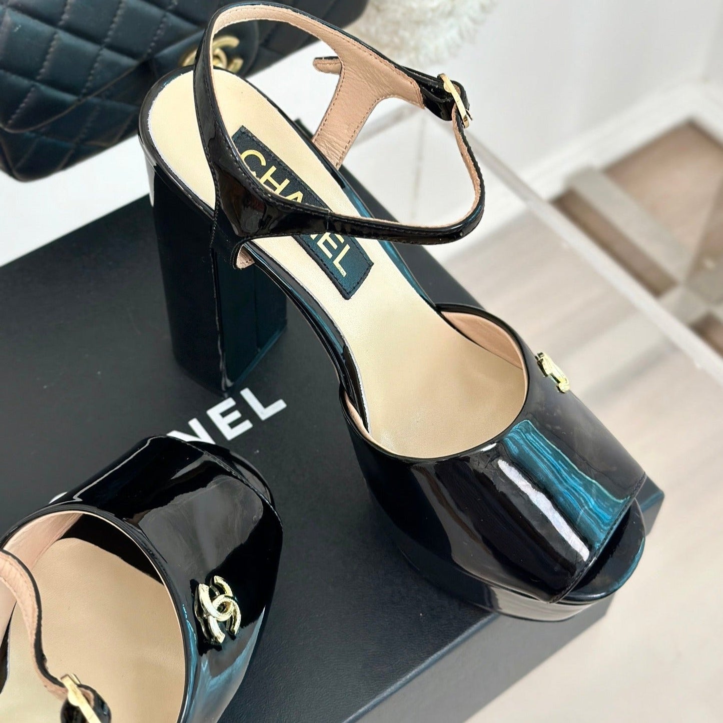 Double C High Heel Sandals Black Leather - 35