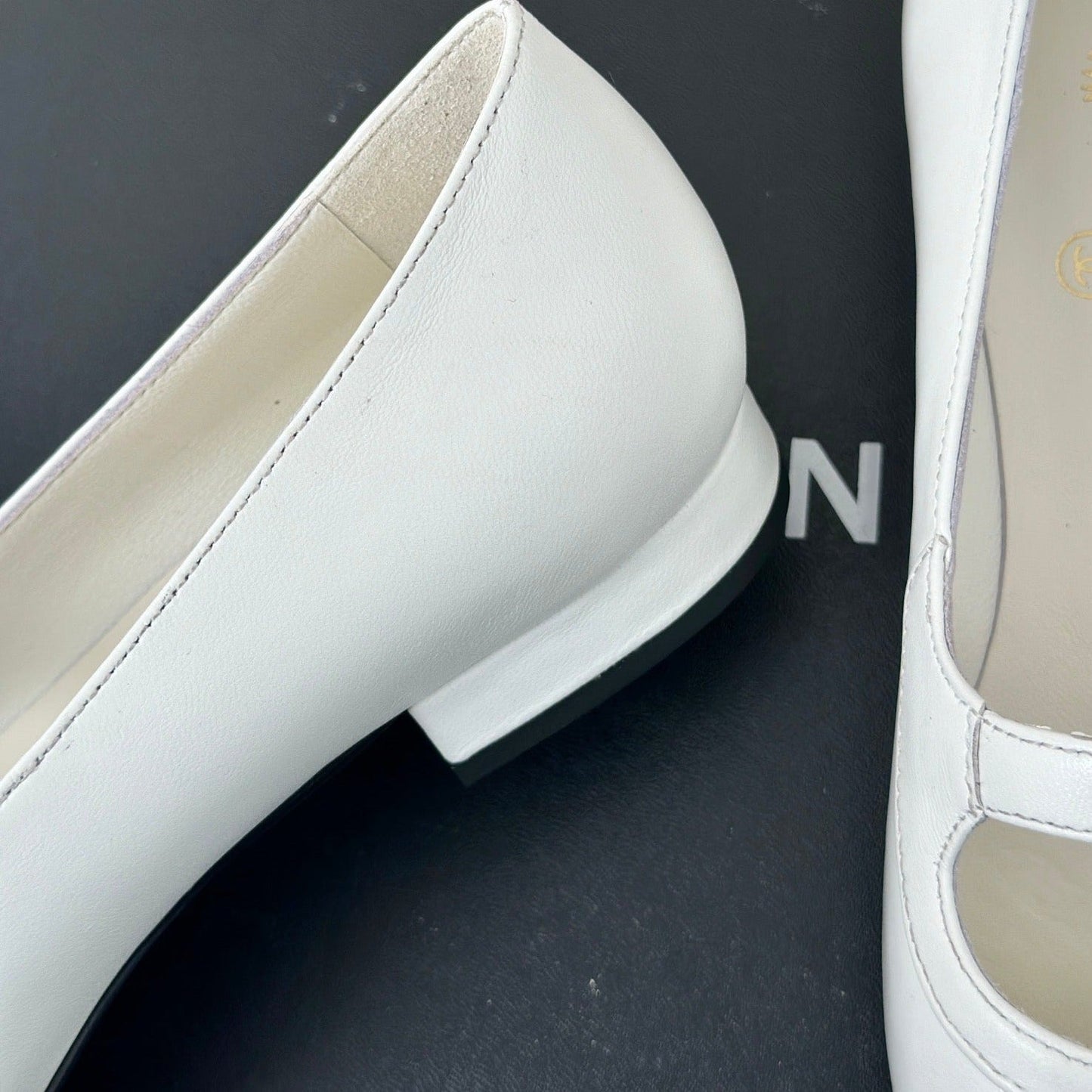 Double C Milan Runway Pointed Toe Mary Jane Shoes White Black Lambskin - 35