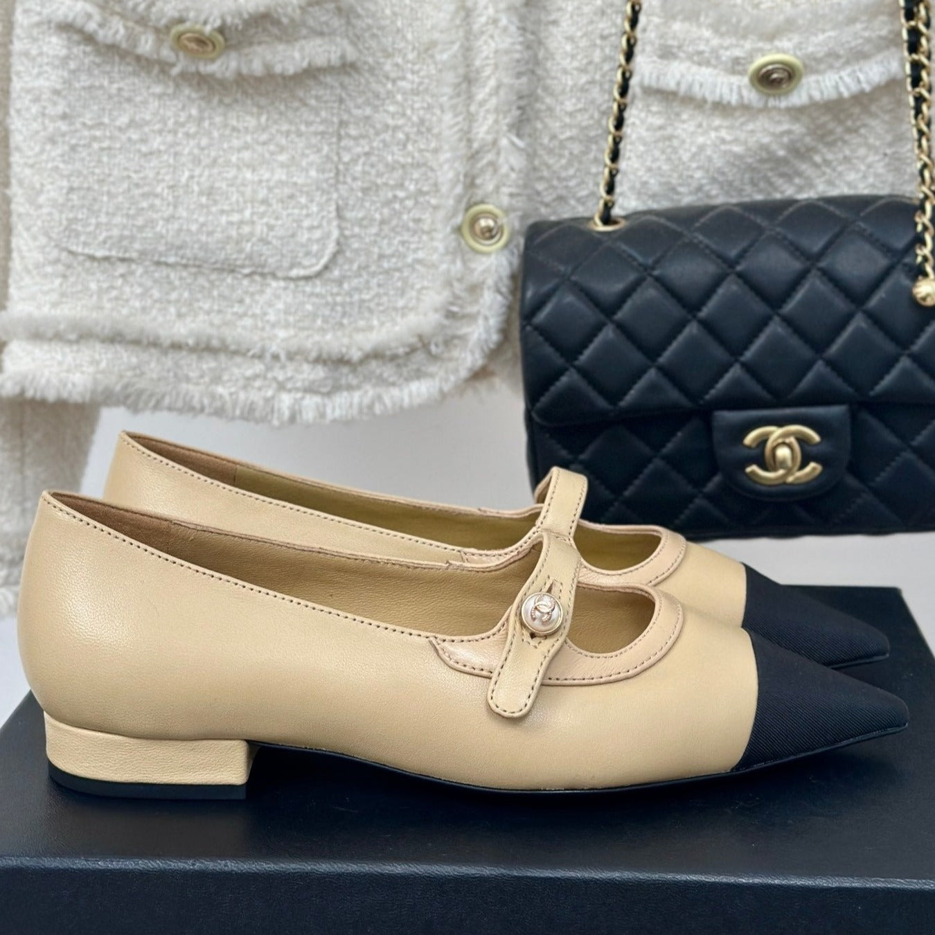 Double C Milan Runway Pointed Toe Mary Jane Shoes Dark Cream Black Lambskin - 35