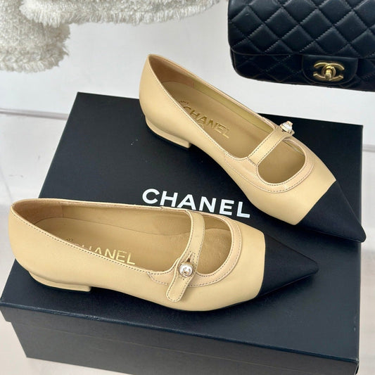 Double C Milan Runway Pointed Toe Mary Jane Shoes Dark Cream Black Lambskin - 35