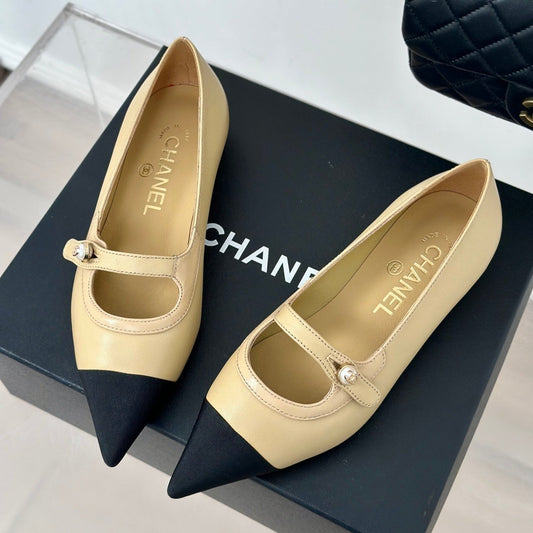 Double C Milan Runway Pointed Toe Mary Jane Shoes Dark Cream Black Lambskin - 35