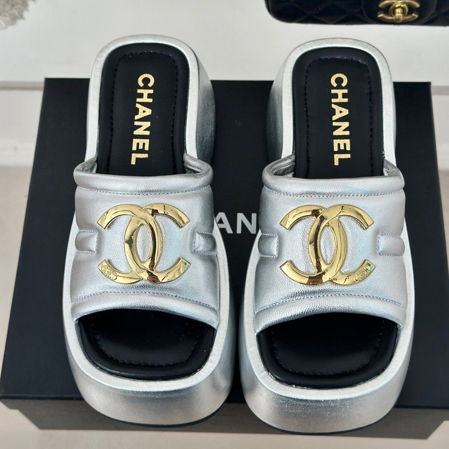 Large Double C Platform Slippers Silver - 35