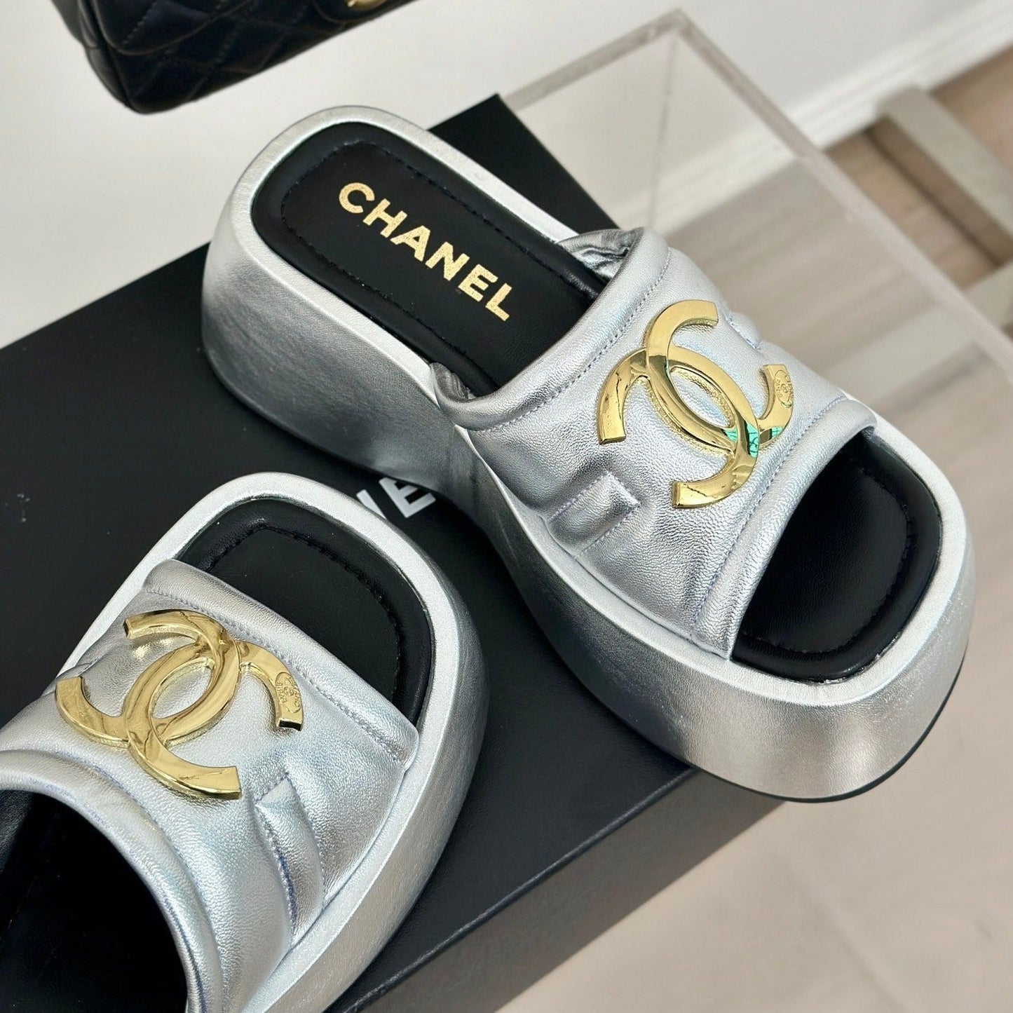 Large Double C Platform Slippers Silver - 35