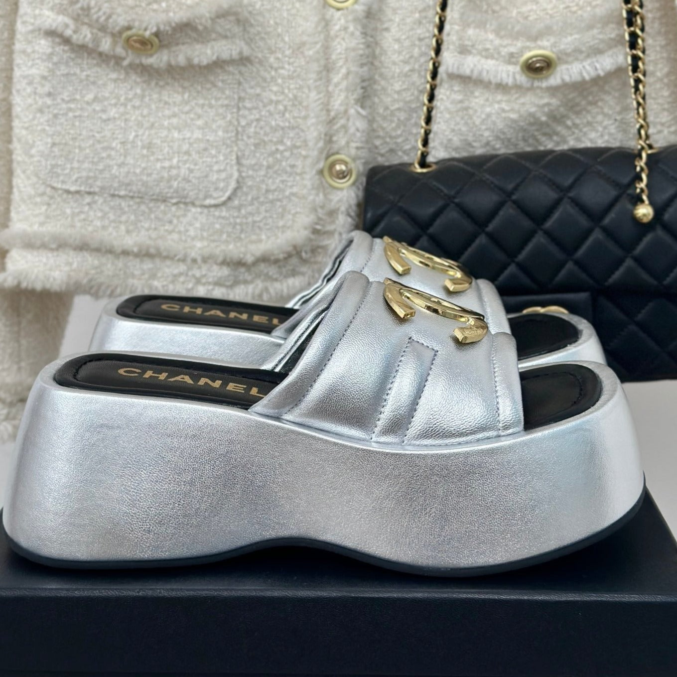 Large Double C Platform Slippers Silver - 35
