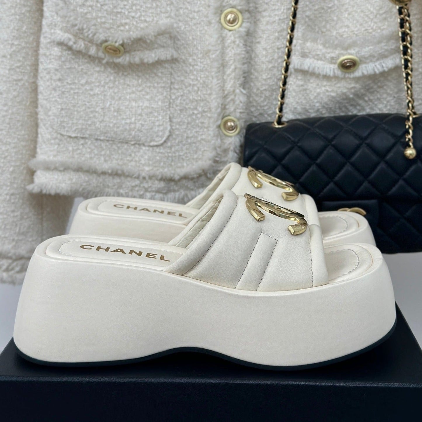 Large Double C Platform Slippers White - 35