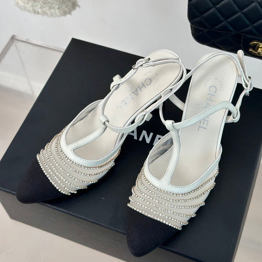 Crystal Flat High Heel Sandals White - 35