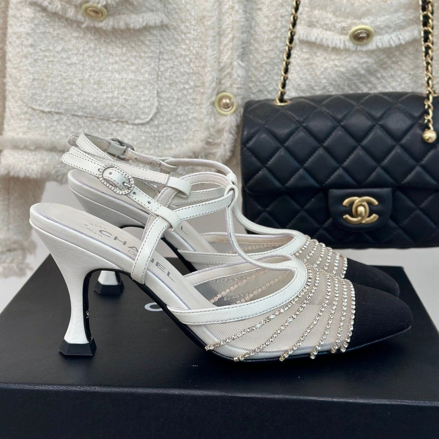 Crystal Flat High Heel Sandals White - 35