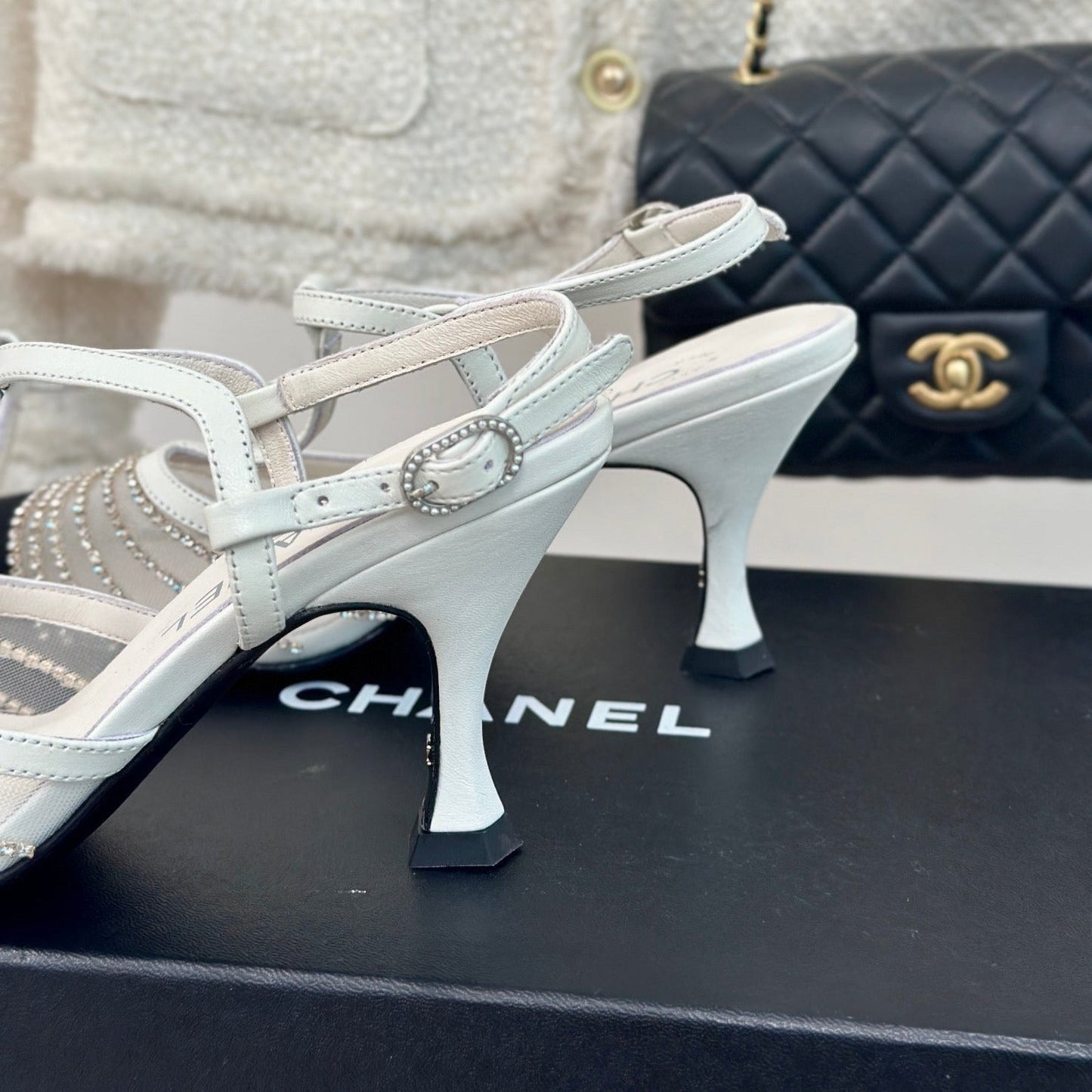 Crystal Flat High Heel Sandals White - 35
