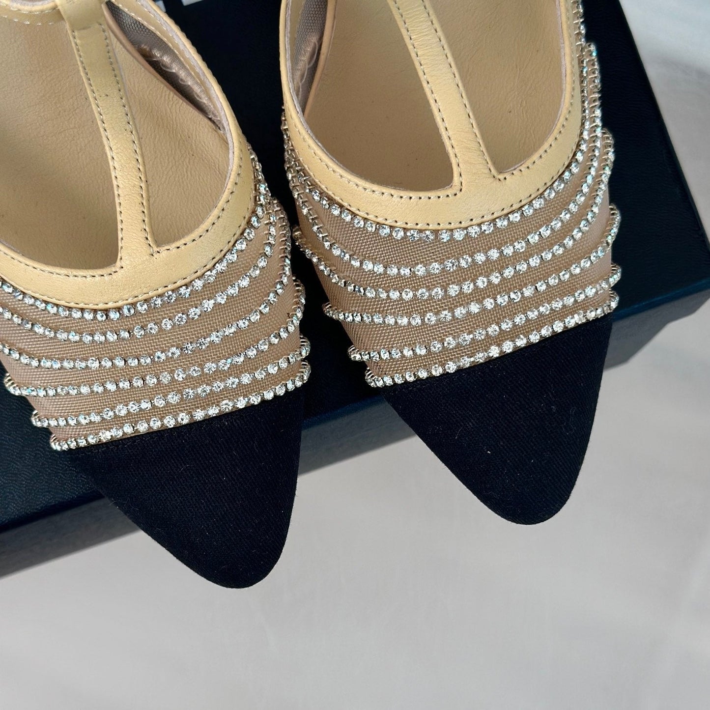 Crystal Flat High Heel Sandals Beige Cream - 35