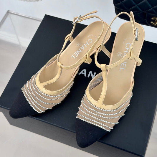 Crystal Flat High Heel Sandals Beige Cream - 35