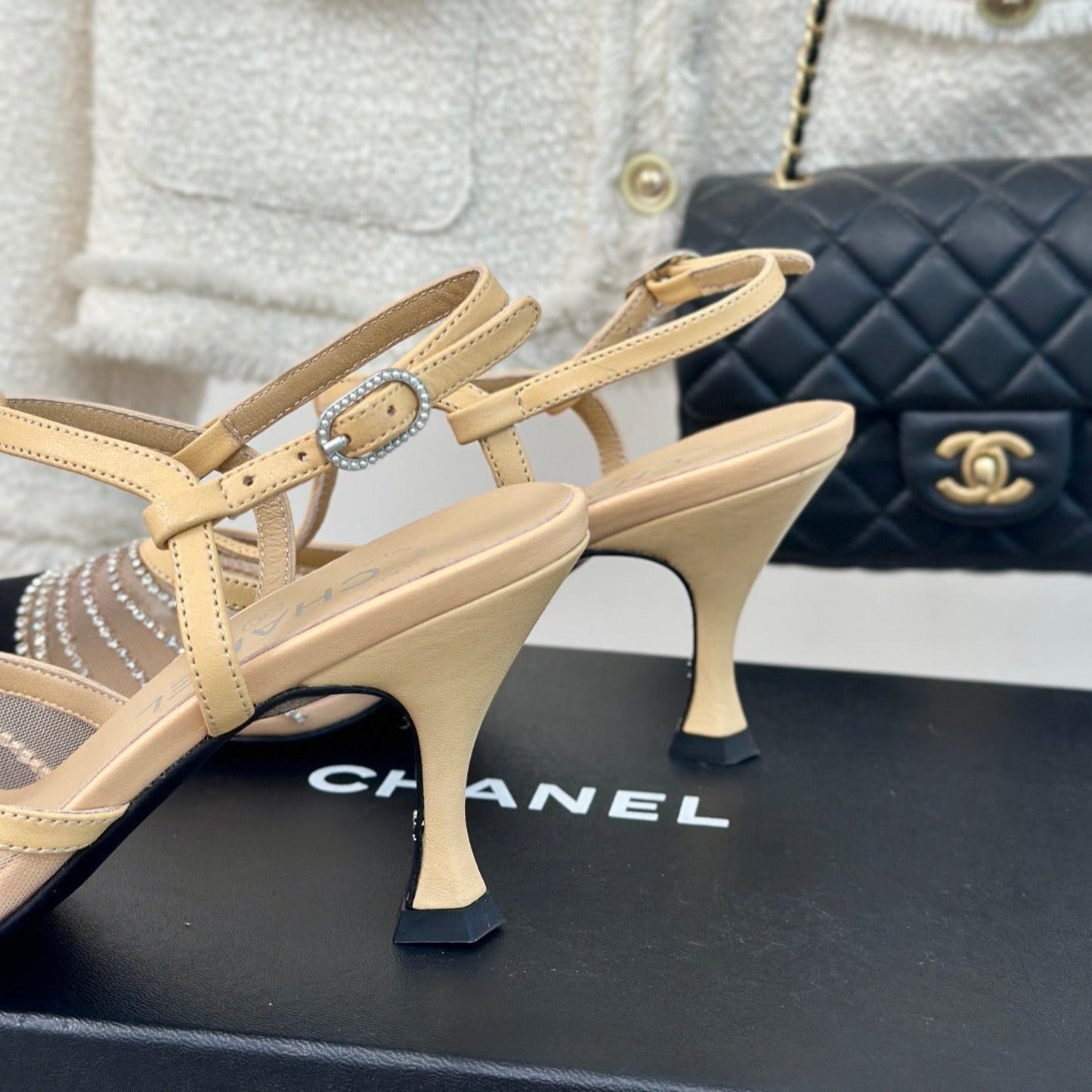 Crystal Flat High Heel Sandals Beige Cream - 35