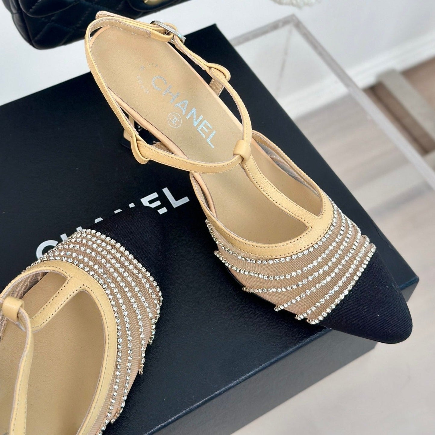 Crystal Flat High Heel Sandals Beige Cream - 35