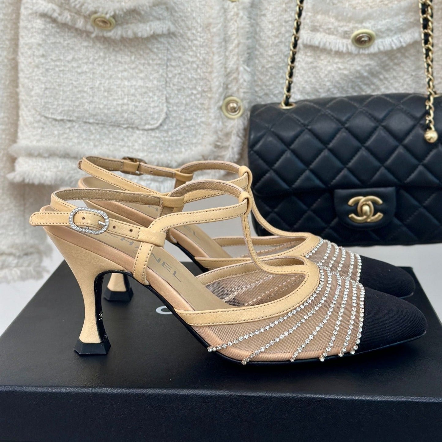 Crystal Flat High Heel Sandals Beige Cream - 35