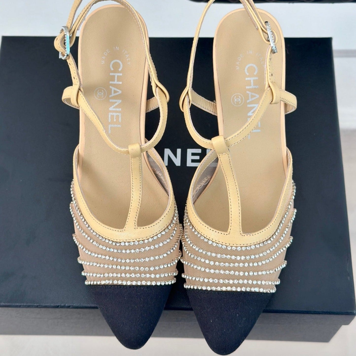Crystal Flat High Heel Sandals Beige Cream - 35