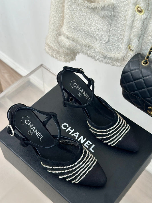 Crystal Flat High Heel Sandals Black - 35