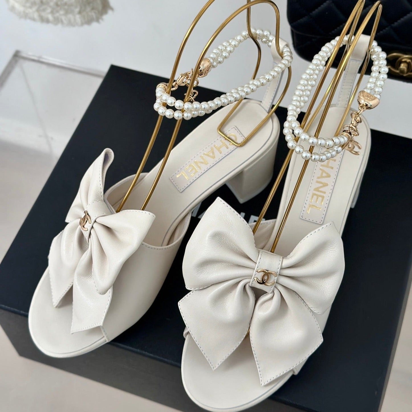 Double C Big Bow Pearl Chain High Sandals White Lambskin - 35