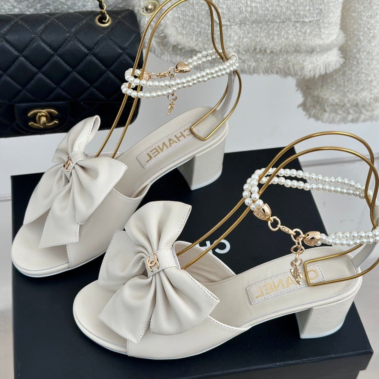 Double C Big Bow Pearl Chain High Sandals White Lambskin - 35