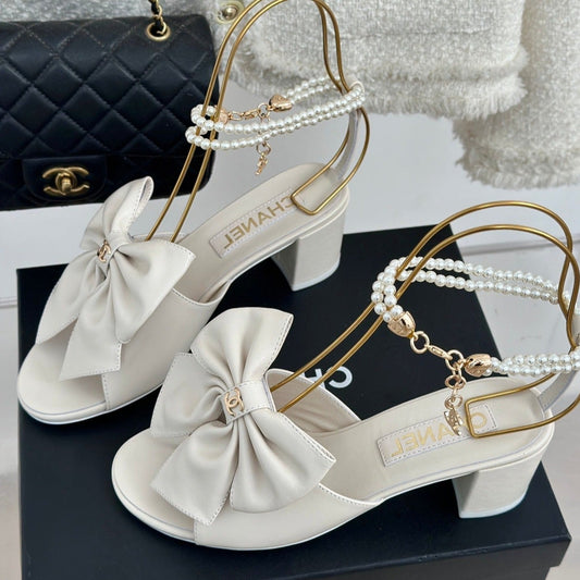 Double C Big Bow Pearl Chain High Sandals White Lambskin - 35