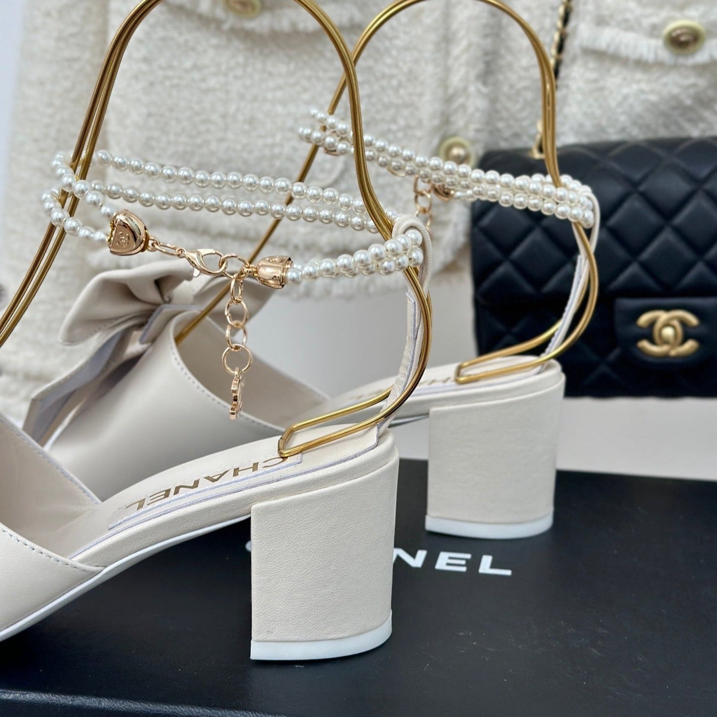 Double C Big Bow Pearl Chain High Sandals White Lambskin - 35