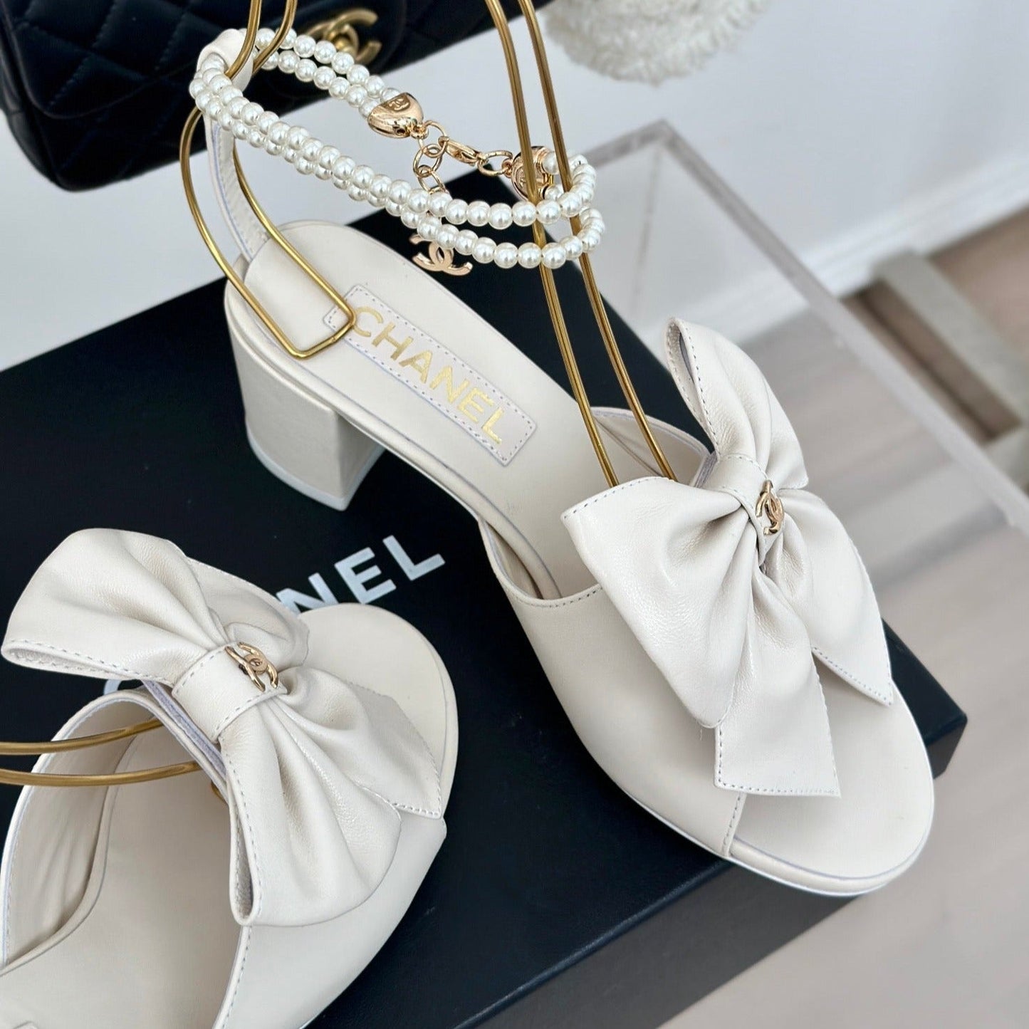 Double C Big Bow Pearl Chain High Sandals White Lambskin - 35