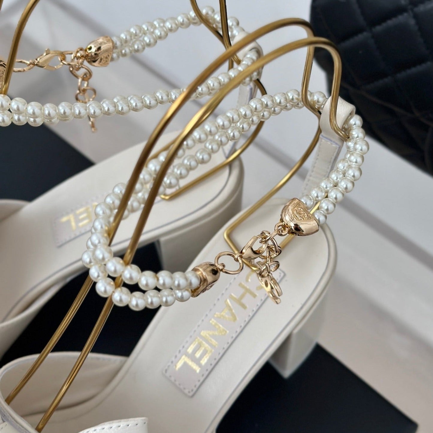 Double C Big Bow Pearl Chain High Sandals White Lambskin - 35