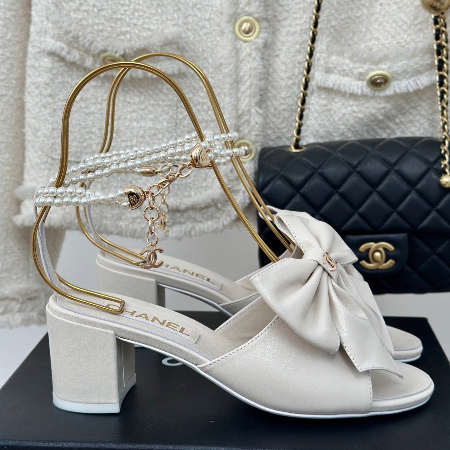 Double C Big Bow Pearl Chain High Sandals White Lambskin - 35