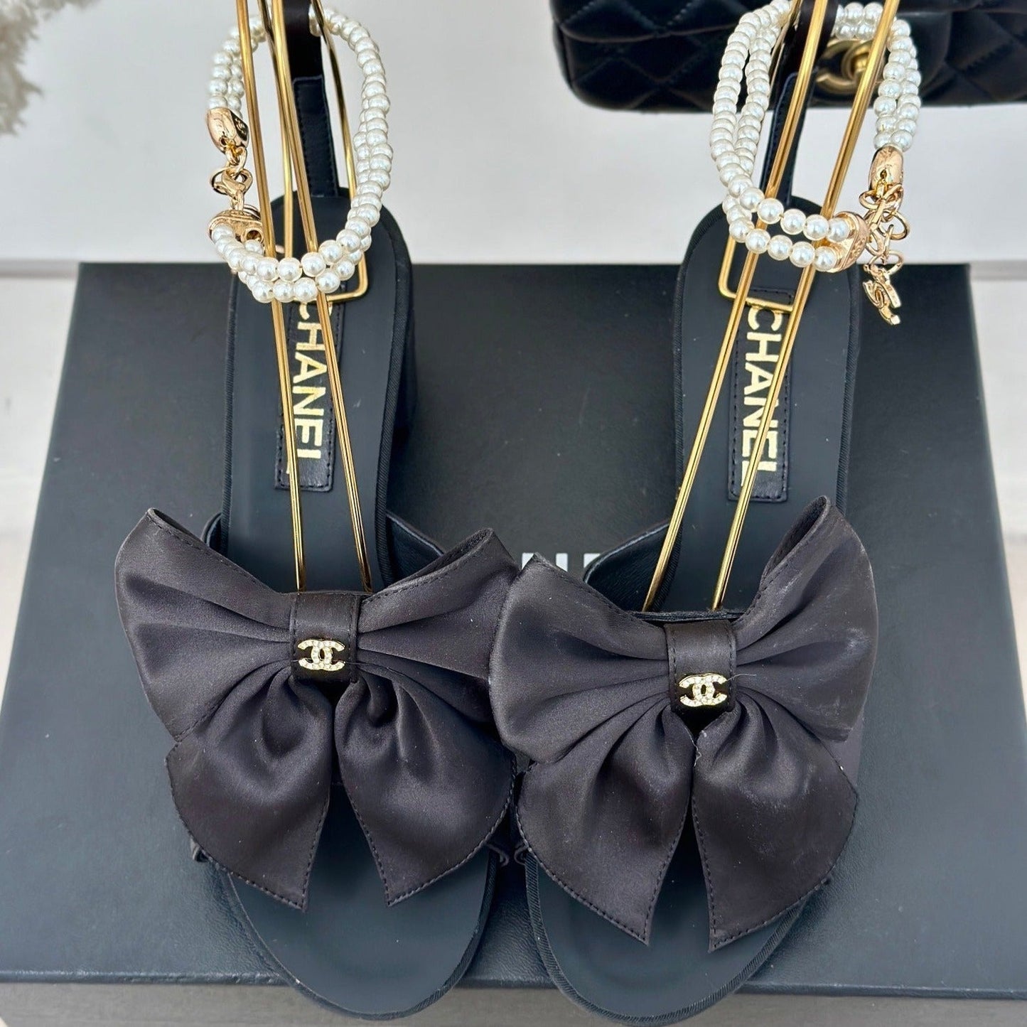 Double C Big Bow Pearl Chain High Sandals Black Lambskin - 35