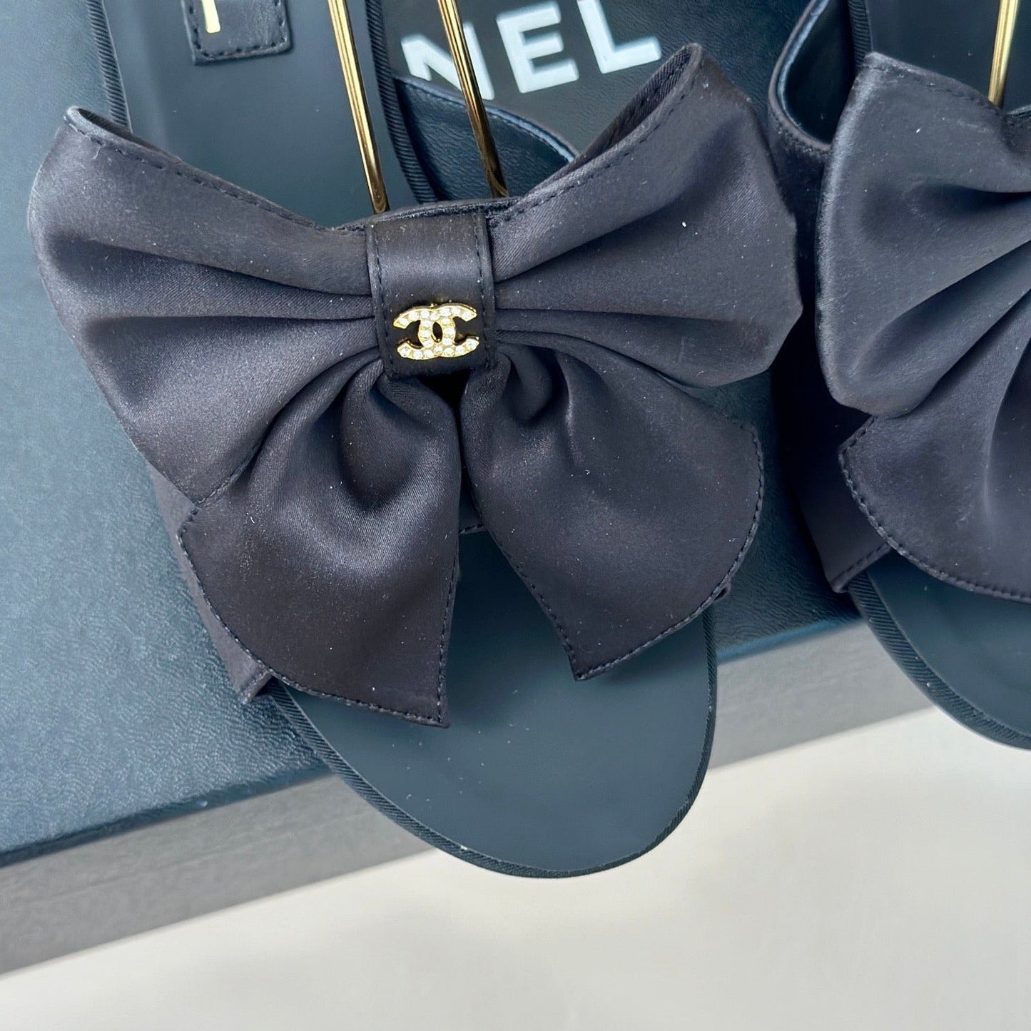 Double C Big Bow Pearl Chain High Sandals Black Lambskin - 35