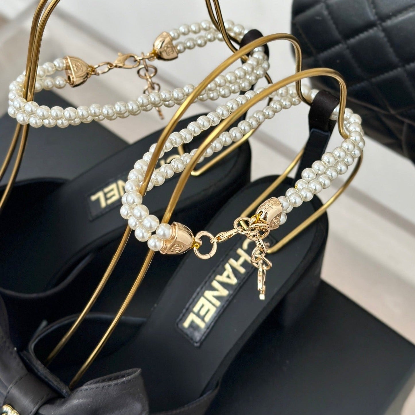 Double C Big Bow Pearl Chain High Sandals Black Lambskin - 35